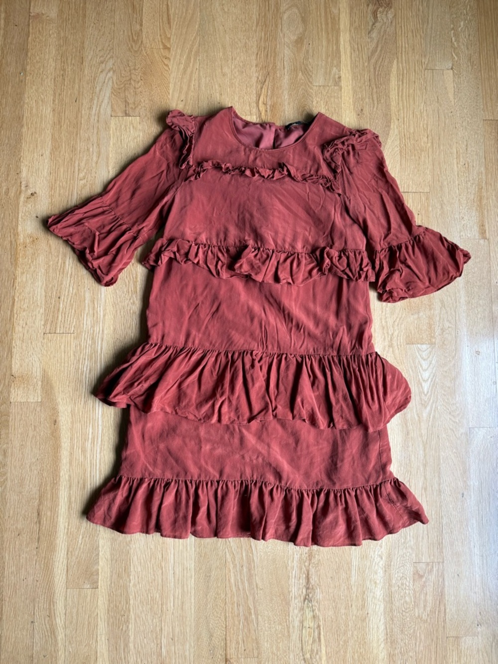 Madewell Ruffled Tiered Dress 100% Silk - Rust Red
